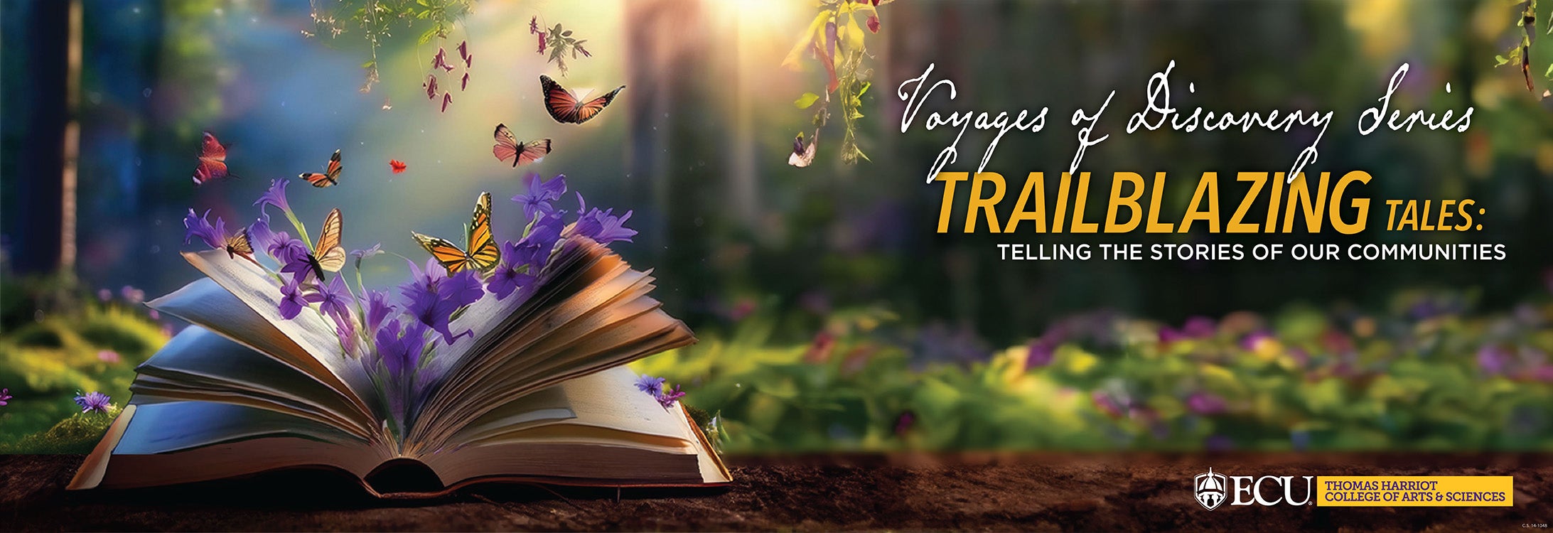 2024_25 Voyages of Discovery Theme Banner Trailblazing Tales with an open book, butterflies and a forestry background with sunlight streaming through tall trees